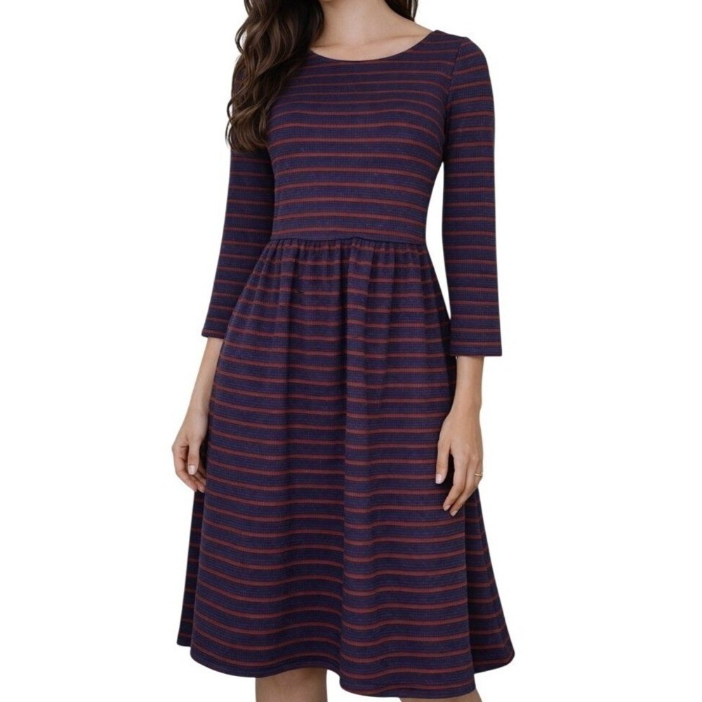 Maeve Anthropologie Ribbed Knit Dress 4 Navy Maroon Striped Fit &‎ Flare Midi